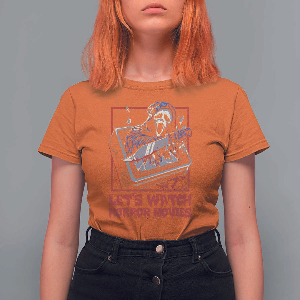 Funny Halloween T Shirt For Women Let's Watch Horror Movies Ghost Broken Televison Knife TS11 Orange Print Your Wear