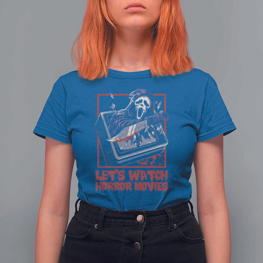Funny Halloween T Shirt For Women Let's Watch Horror Movies Ghost Broken Televison Knife TS11 Royal Blue Print Your Wear