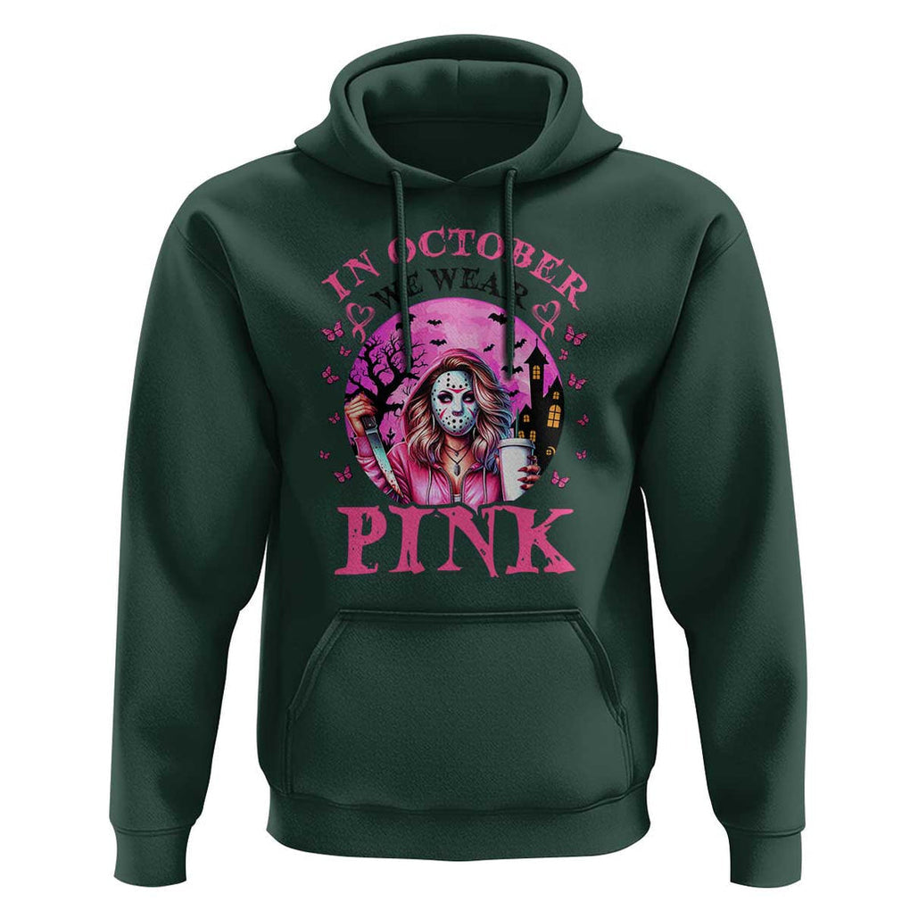 Breast Cancer Awareness Hoodie In October We Wear Pink Halloween Butterfly Bat Murderer TS11 Dark Forest Green Print Your Wear