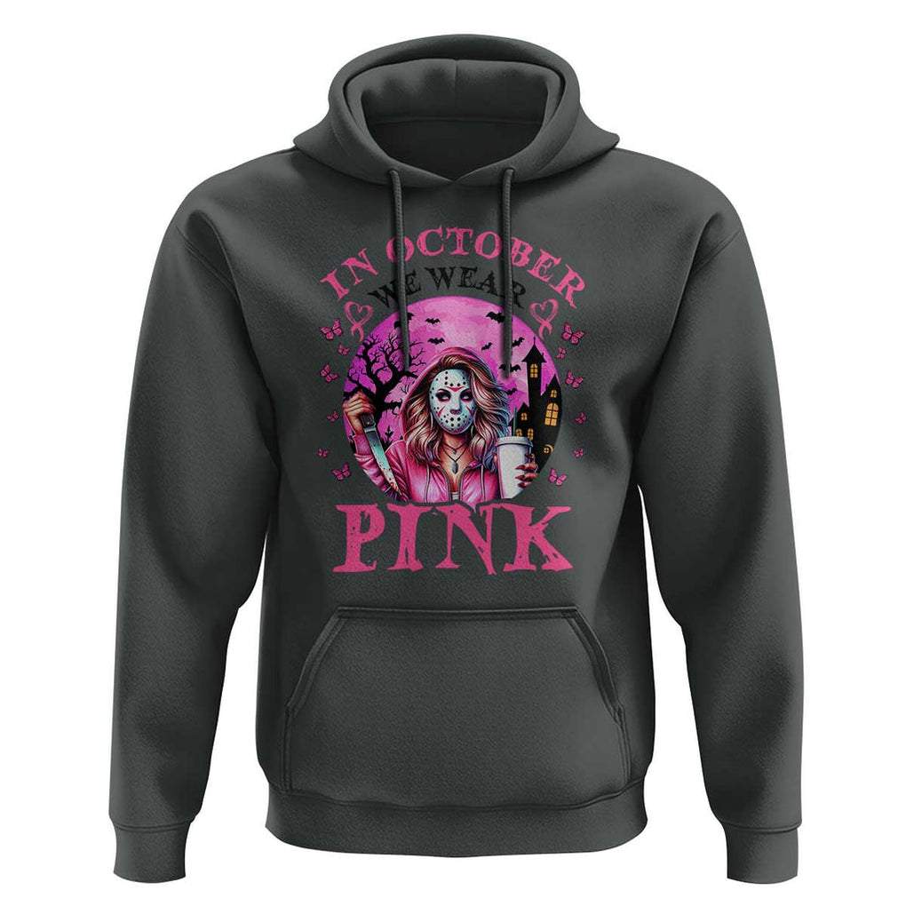 Breast Cancer Awareness Hoodie In October We Wear Pink Halloween Butterfly Bat Murderer TS11 Dark Heather Print Your Wear