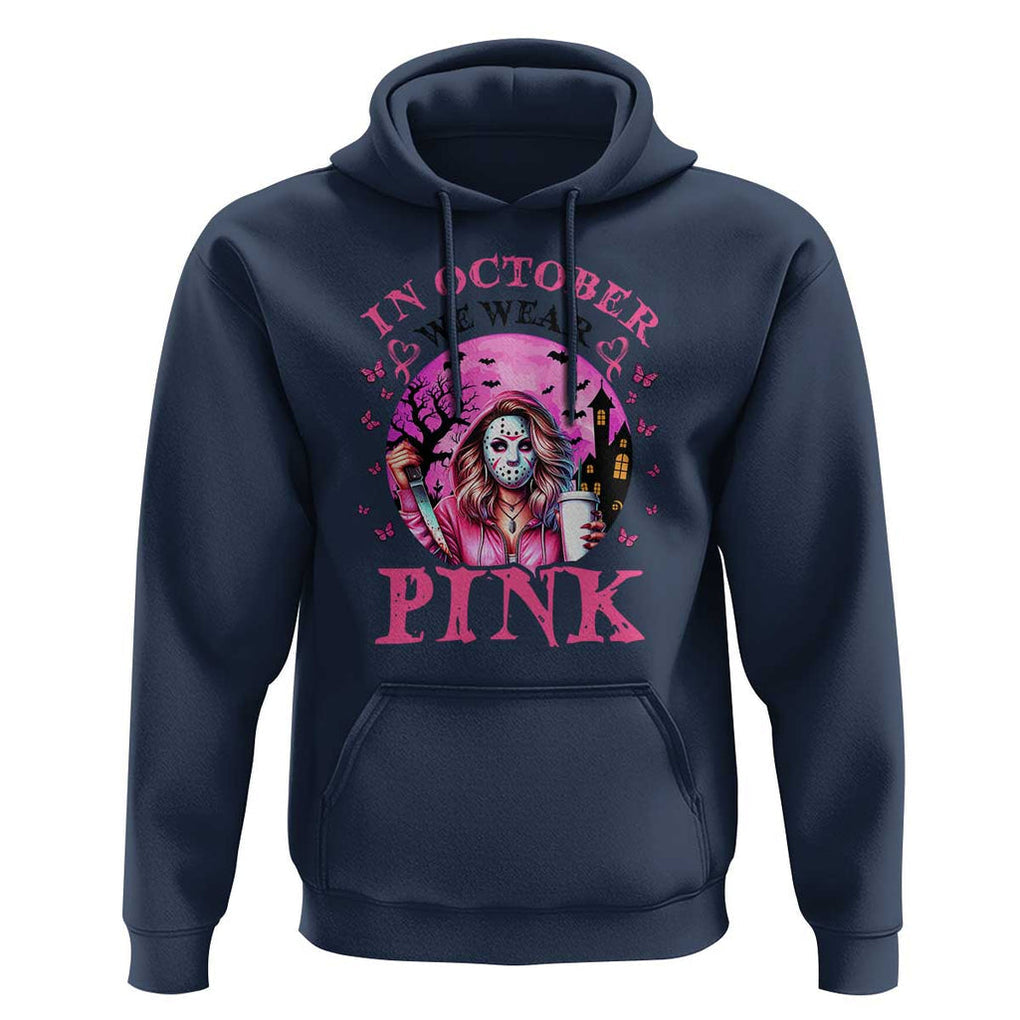 Breast Cancer Awareness Hoodie In October We Wear Pink Halloween Butterfly Bat Murderer TS11 Navy Print Your Wear