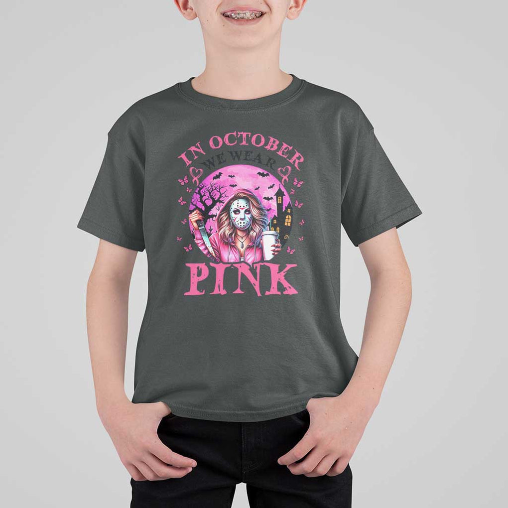 Breast Cancer Awareness T Shirt For Kid In October We Wear Pink Halloween Butterfly Bat Murderer TS11 Dark Heather Print Your Wear