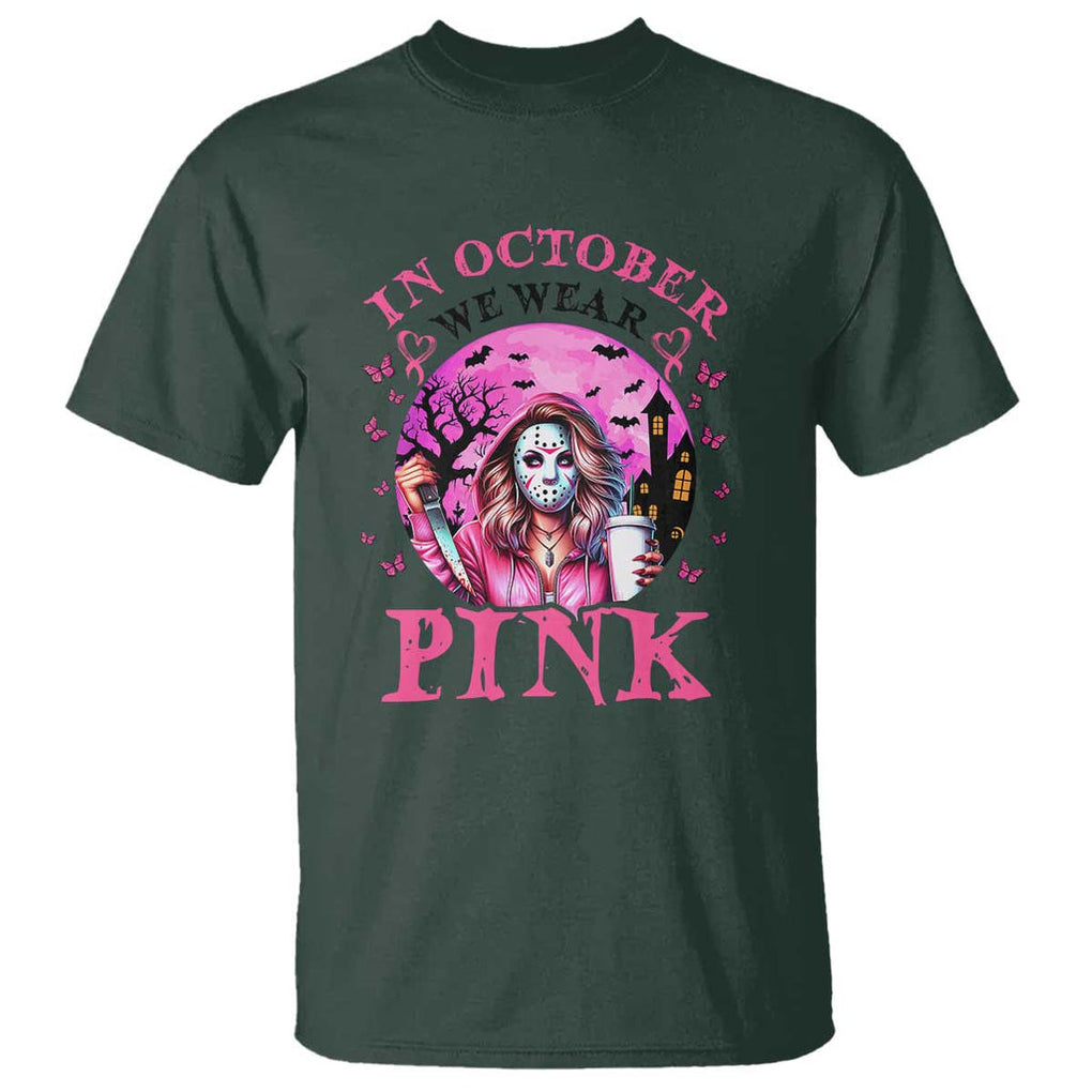 Breast Cancer Awareness T Shirt In October We Wear Pink Halloween Butterfly Bat Murderer TS11 Dark Forest Green Print Your Wear