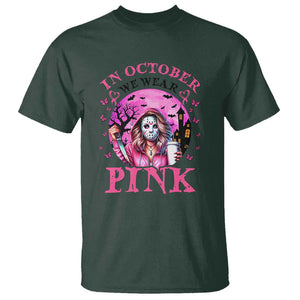 Breast Cancer Awareness T Shirt In October We Wear Pink Halloween Butterfly Bat Murderer TS11 Dark Forest Green Print Your Wear