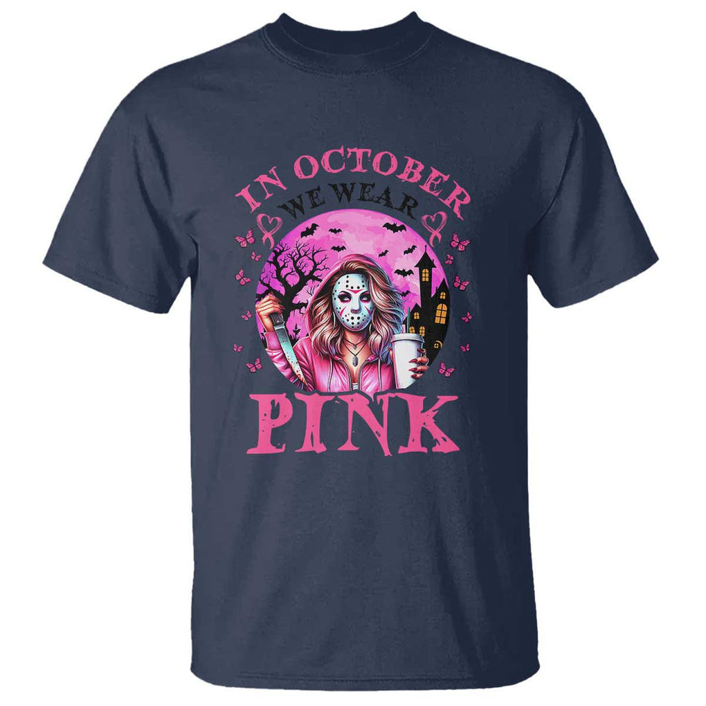 Breast Cancer Awareness T Shirt In October We Wear Pink Halloween Butterfly Bat Murderer TS11 Navy Print Your Wear
