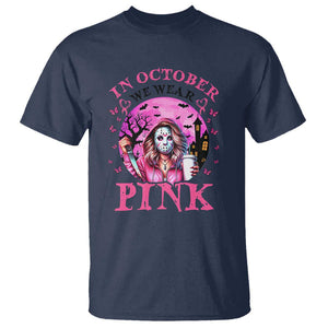 Breast Cancer Awareness T Shirt In October We Wear Pink Halloween Butterfly Bat Murderer TS11 Navy Print Your Wear