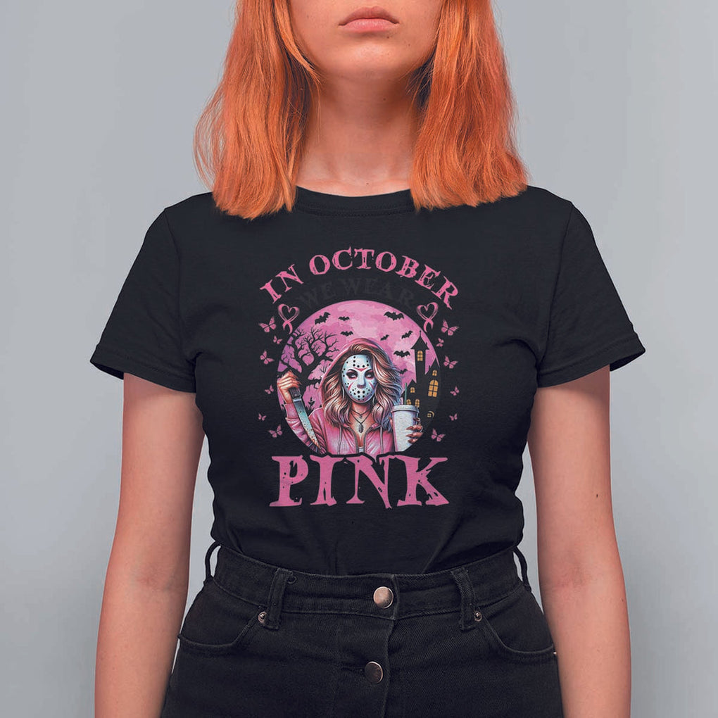 Breast Cancer Awareness T Shirt For Women In October We Wear Pink Halloween Butterfly Bat Murderer TS11 Black Print Your Wear