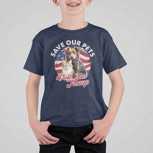 Funny Trump Supporter 2024 T Shirt For Kid Save Our Pets Vote For Trump Cat Dog American Flag TS11 Navy Print Your Wear