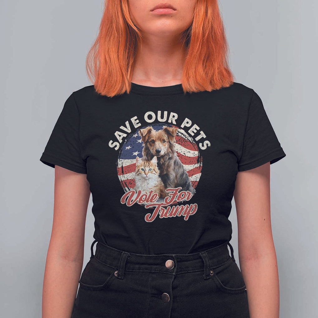 Funny Trump Supporter 2024 T Shirt For Women Save Our Pets Vote For Trump Cat Dog American Flag TS11 Black Print Your Wear