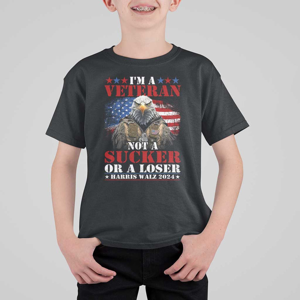 Harris Walz 2024 T Shirt For Kid I'm A Veteran Not A Sucker Or A Loser Eagle American Flag TS11 Black Print Your Wear