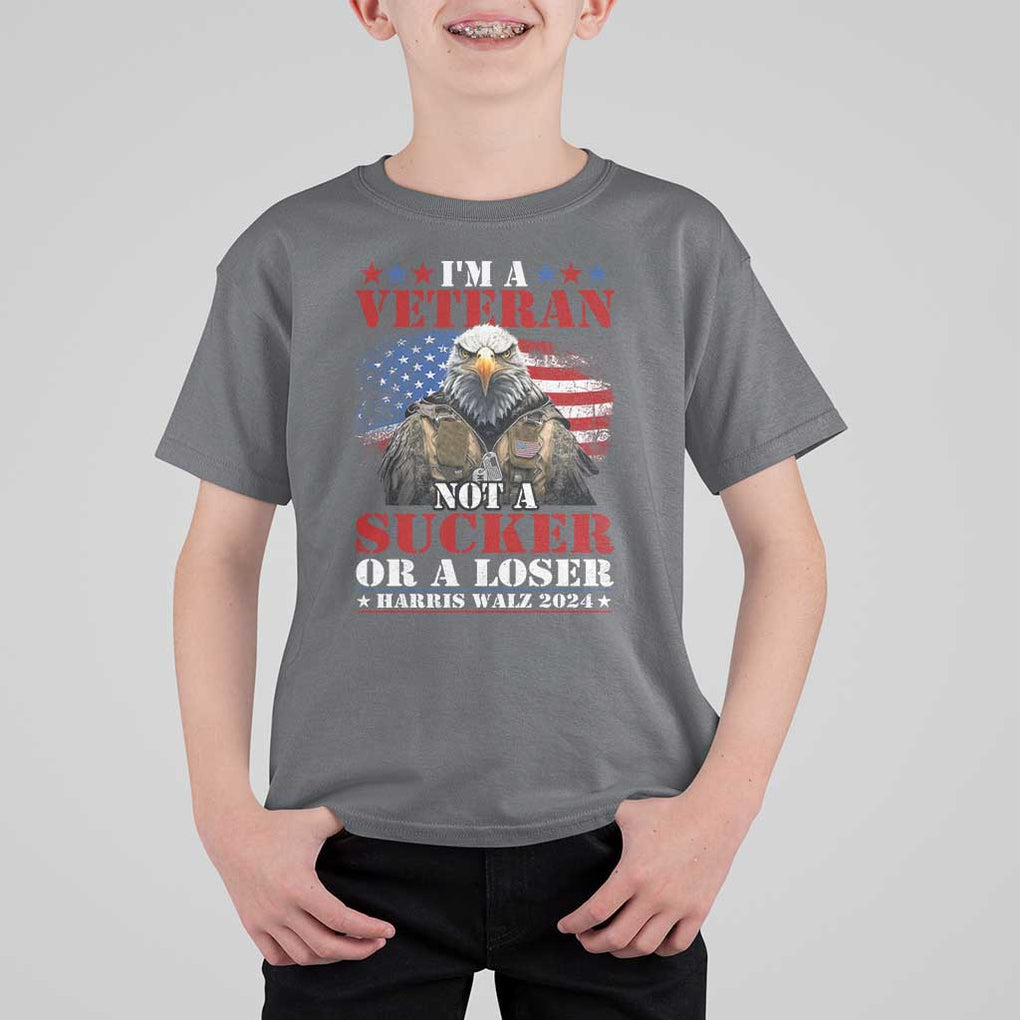 Harris Walz 2024 T Shirt For Kid I'm A Veteran Not A Sucker Or A Loser Eagle American Flag TS11 Charcoal Print Your Wear