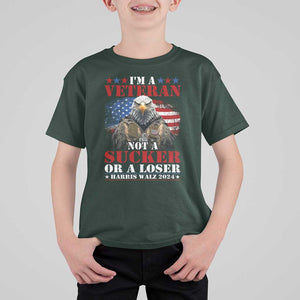 Harris Walz 2024 T Shirt For Kid I'm A Veteran Not A Sucker Or A Loser Eagle American Flag TS11 Dark Forest Green Print Your Wear