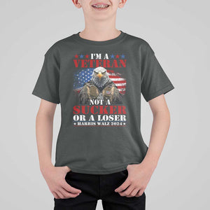 Harris Walz 2024 T Shirt For Kid I'm A Veteran Not A Sucker Or A Loser Eagle American Flag TS11 Dark Heather Print Your Wear