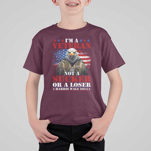 Harris Walz 2024 T Shirt For Kid I'm A Veteran Not A Sucker Or A Loser Eagle American Flag TS11 Maroon Print Your Wear