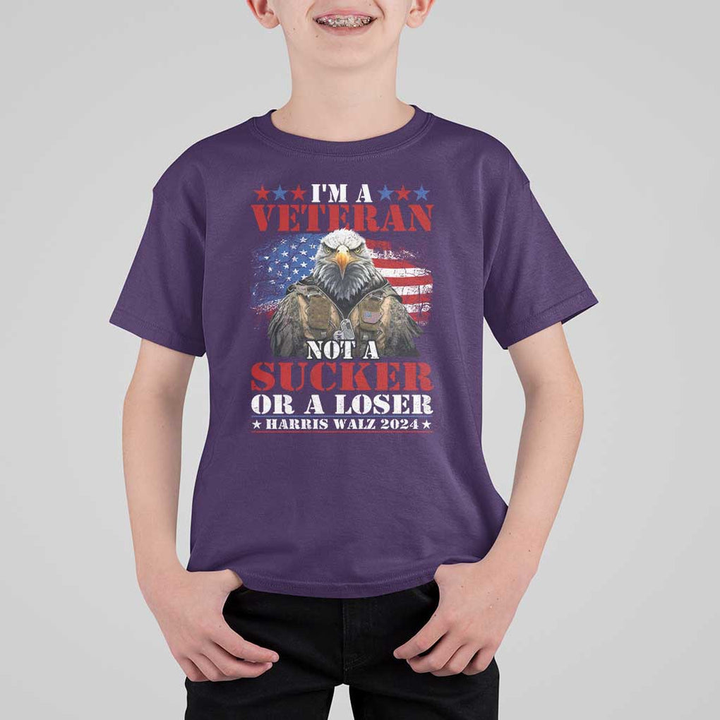 Harris Walz 2024 T Shirt For Kid I'm A Veteran Not A Sucker Or A Loser Eagle American Flag TS11 Purple Print Your Wear