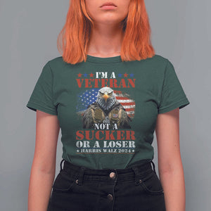 Harris Walz 2024 T Shirt For Women I'm A Veteran Not A Sucker Or A Loser Eagle American Flag TS11 Dark Forest Green Print Your Wear