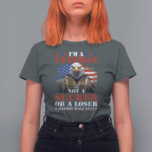 Harris Walz 2024 T Shirt For Women I'm A Veteran Not A Sucker Or A Loser Eagle American Flag TS11 Dark Heather Print Your Wear
