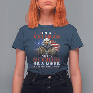 Harris Walz 2024 T Shirt For Women I'm A Veteran Not A Sucker Or A Loser Eagle American Flag TS11 Navy Print Your Wear
