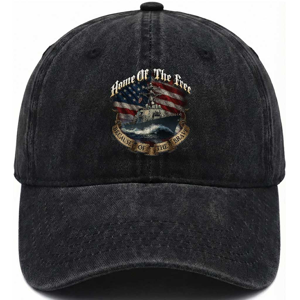 Navy Veteran Washed Cotton Baseball Cap Home Of The Free Because Of The Brave American Flag TS11 Washed Cap Universal Fit Black Print Your Wear