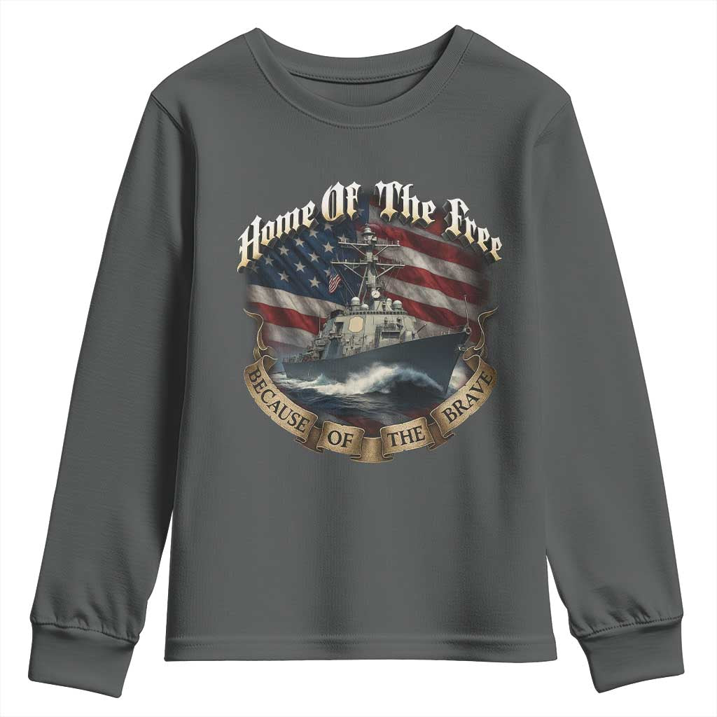 Navy Veteran Youth Sweatshirt Home Of The Free Because Of The Brave American Flag TS11 Dark Heather Print Your Wear