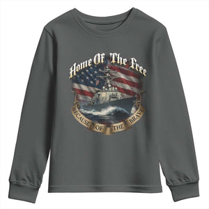 Navy Veteran Youth Sweatshirt Home Of The Free Because Of The Brave American Flag TS11 Dark Heather Print Your Wear