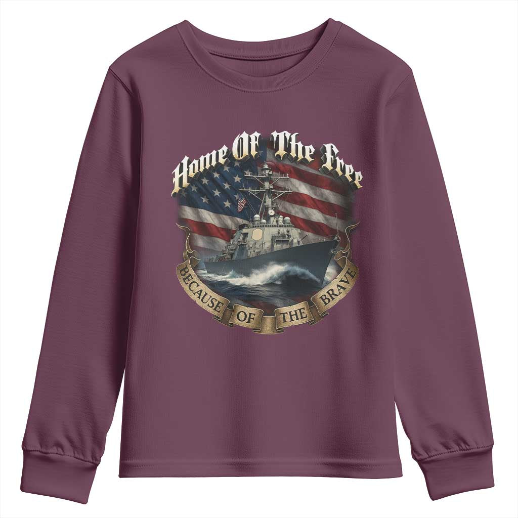Navy Veteran Youth Sweatshirt Home Of The Free Because Of The Brave American Flag TS11 Maroon Print Your Wear