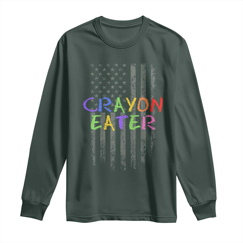 Funny Marine Military Veteran Long Sleeve Shirt Crayon Eater American Flag TS11 Dark Forest Green Print Your Wear