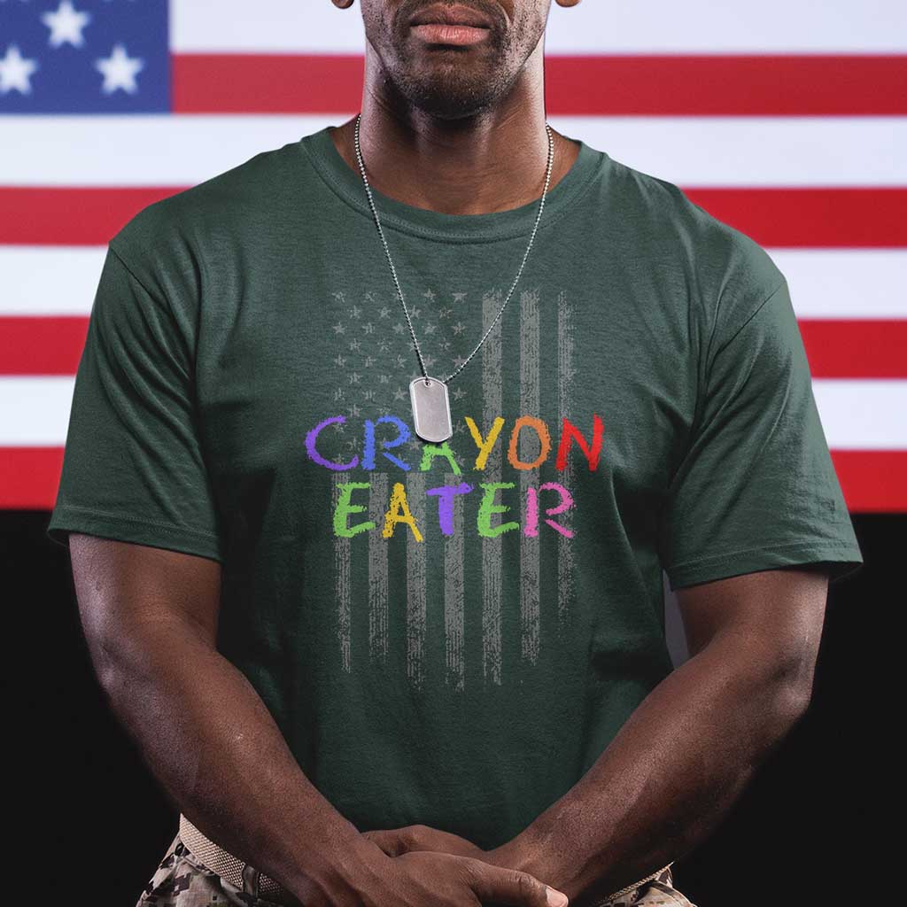Funny Marine Military Veteran T Shirt Crayon Eater American Flag TS11 Dark Forest Green Print Your Wear