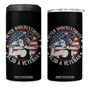 Never Underestimate A Women Who Is Also A Veteran 4 in 1 Can Cooler Tumbler Female Veteran TS11 One Size: 16 oz Black Print Your Wear