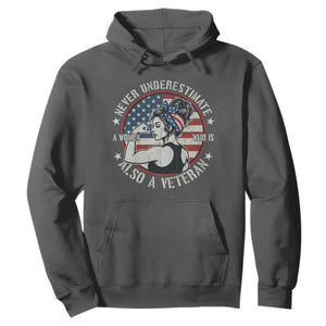 Never Underestimate A Women Who Is Also A Veteran Hoodie Female Veteran TS11 Dark Heather Print Your Wear