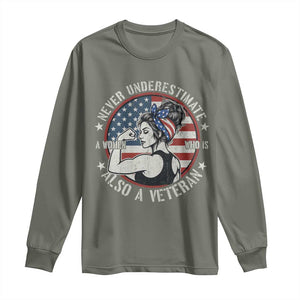 Never Underestimate A Women Who Is Also A Veteran Long Sleeve Shirt Female Veteran TS11 Military Green Print Your Wear