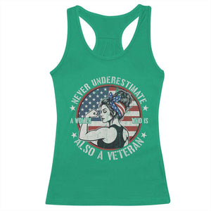 Never Underestimate A Women Who Is Also A Veteran Racerback Tank Top Female Veteran TS11 Irish Green Print Your Wear