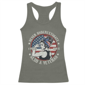 Never Underestimate A Women Who Is Also A Veteran Racerback Tank Top Female Veteran TS11 Military Green Print Your Wear