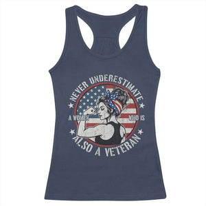 Never Underestimate A Women Who Is Also A Veteran Racerback Tank Top Female Veteran TS11 Navy Print Your Wear