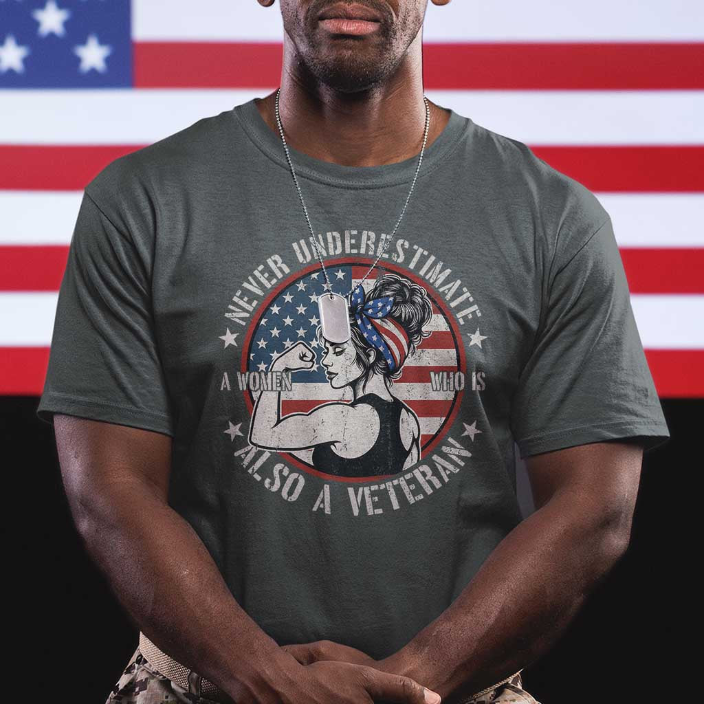 Never Underestimate A Women Who Is Also A Veteran T Shirt Female Veteran TS11 Dark Heather Print Your Wear
