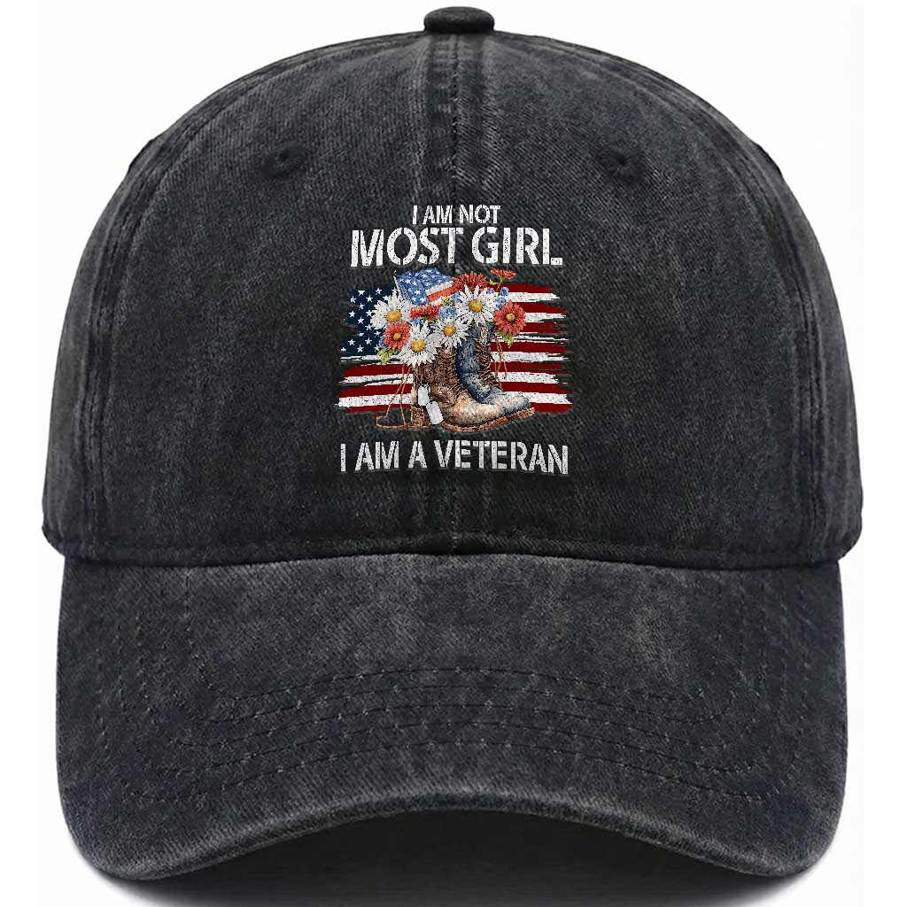 I Am Not Most Girl I Am A Veteran Washed Cotton Baseball Cap Female Veteran Combat Boots TS11 Washed Cap Universal Fit Black Print Your Wear