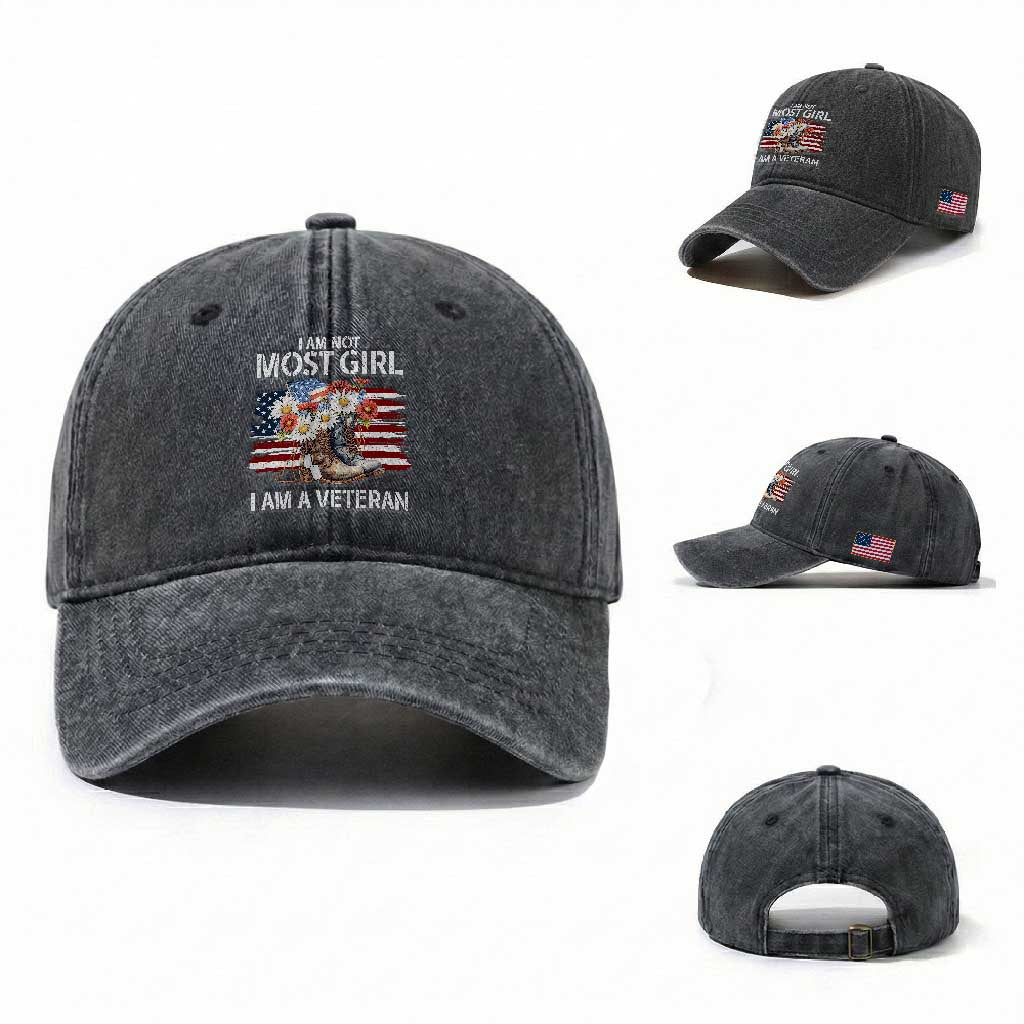 I Am Not Most Girl I Am A Veteran Washed Cotton Baseball Cap Female Veteran Combat Boots TS11 Washed Cap Universal Fit Dark Gray Print Your Wear