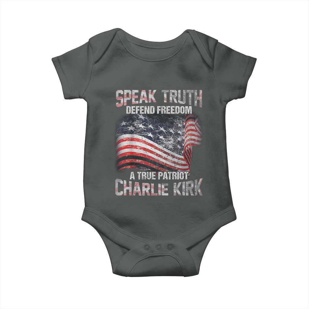 Speak Truth Defend Freedom A True Patriot Charlie Kirk Baby Onesie Vintage American Flag TS11 Dark Heather Print Your Wear