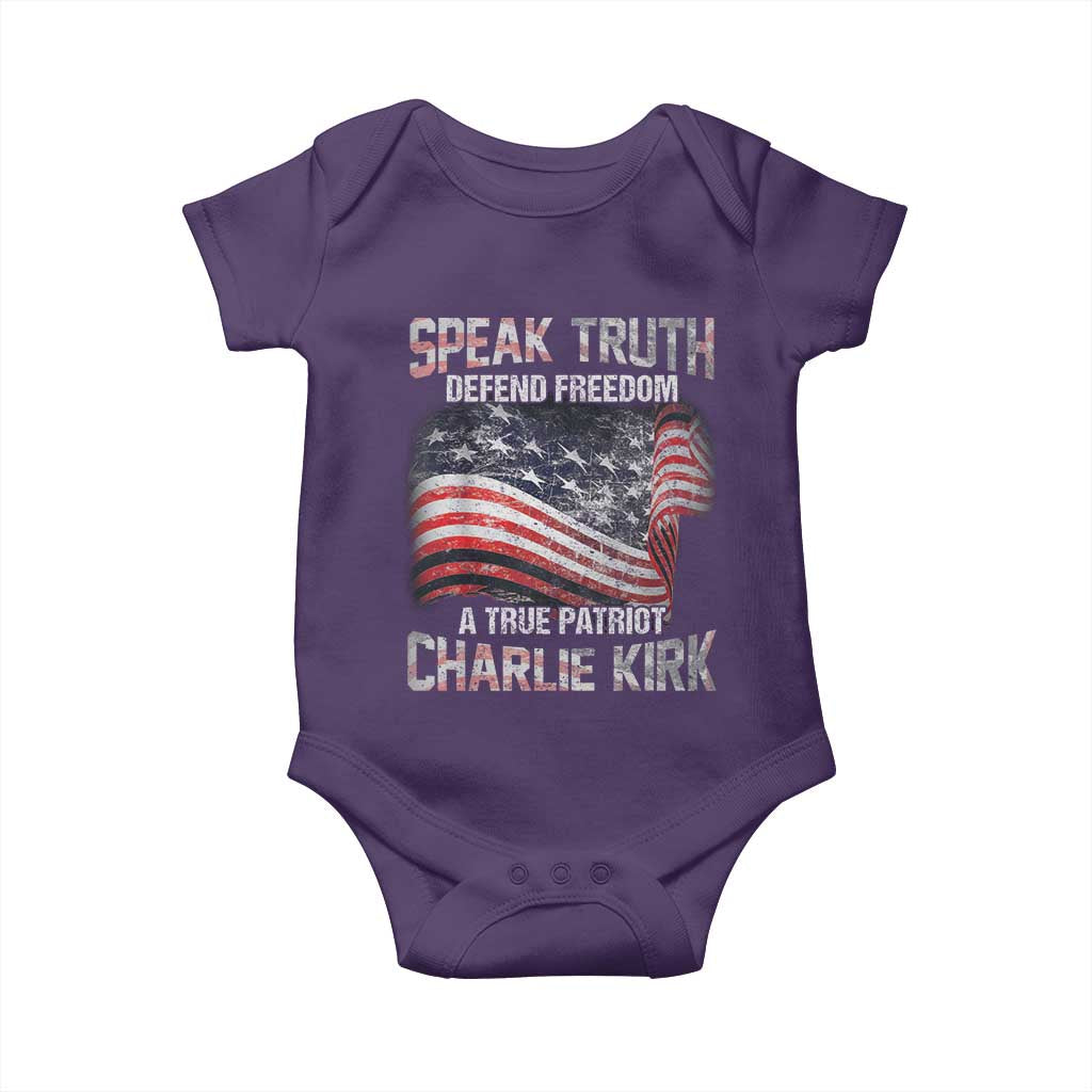 Speak Truth Defend Freedom A True Patriot Charlie Kirk Baby Onesie Vintage American Flag TS11 Purple Print Your Wear