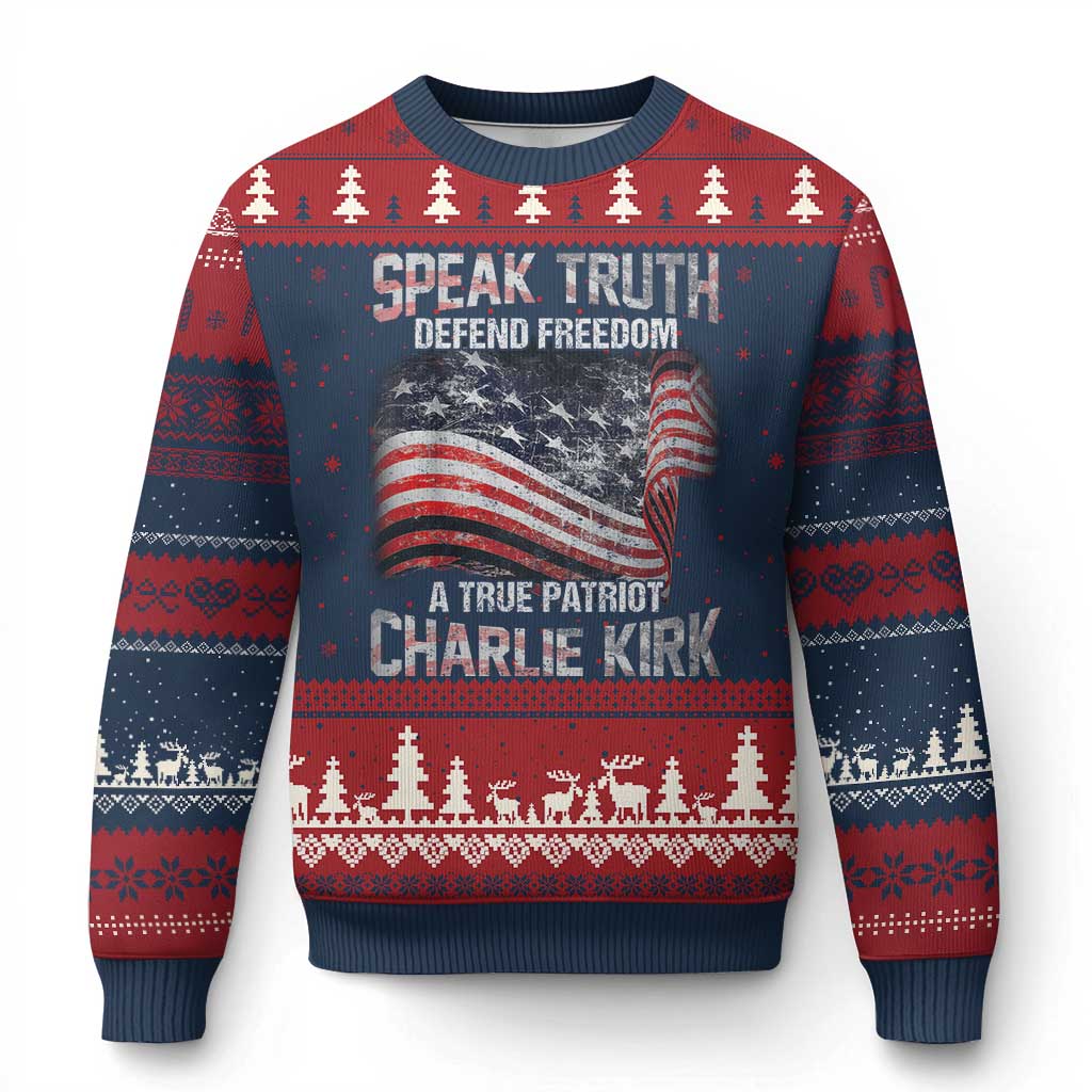 Speak Truth Defend Freedom A True Patriot Charlie Kirk Ugly Christmas Sweater Vintage American Flag TS11 Navy Red Print Your Wear