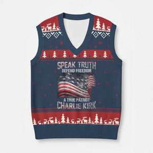 Speak Truth Defend Freedom A True Patriot Charlie Kirk V-Neck Knit Sweater Vest Vintage American Flag TS11 Navy Red Print Your Wear