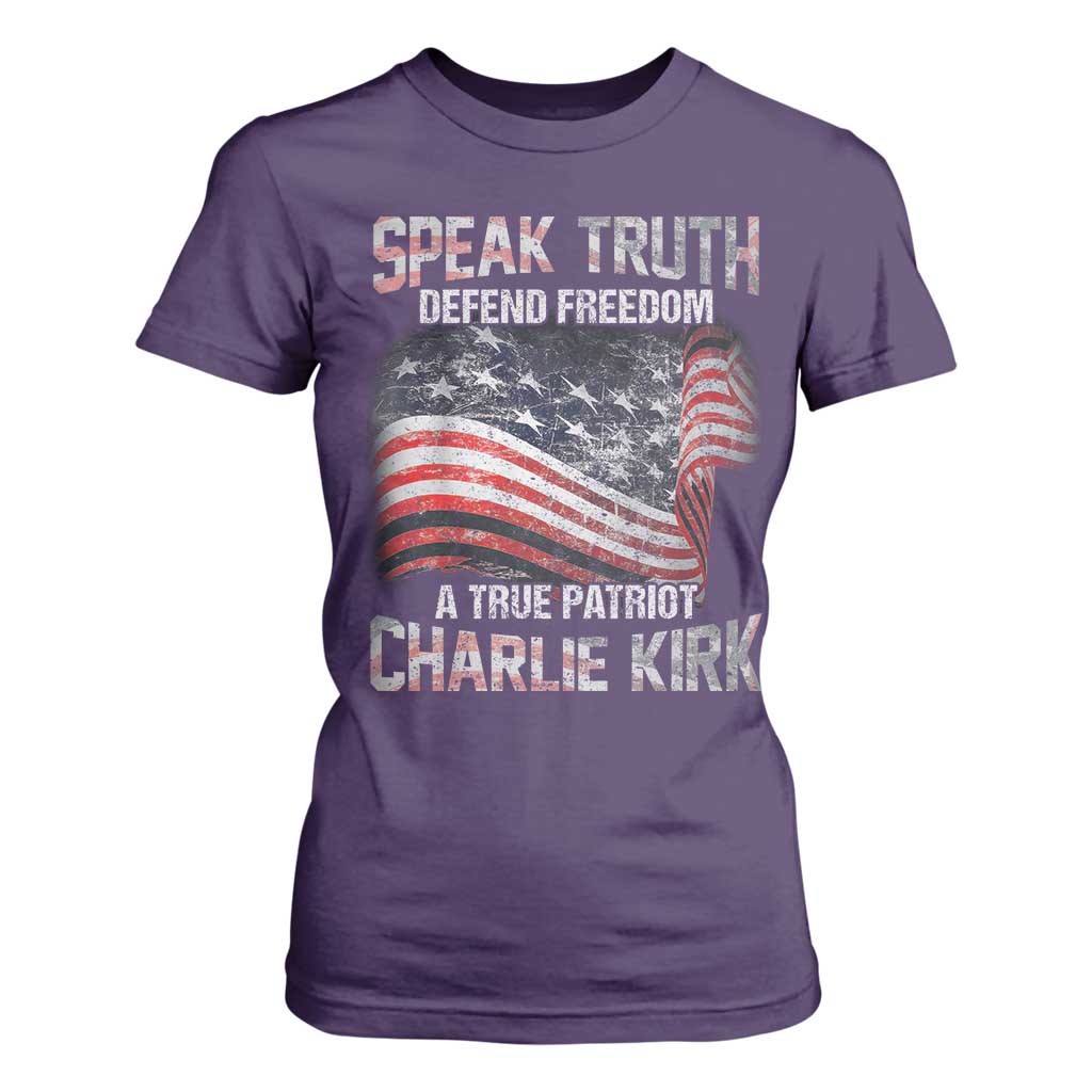 Speak Truth Defend Freedom A True Patriot Charlie Kirk T Shirt For Women Vintage American Flag TS11 Purple Print Your Wear