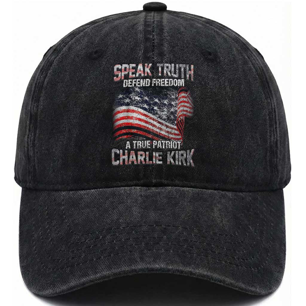 Speak Truth Defend Freedom A True Patriot Charlie Kirk Washed Cotton Baseball Cap Vintage American Flag TS11 Print Your Wear
