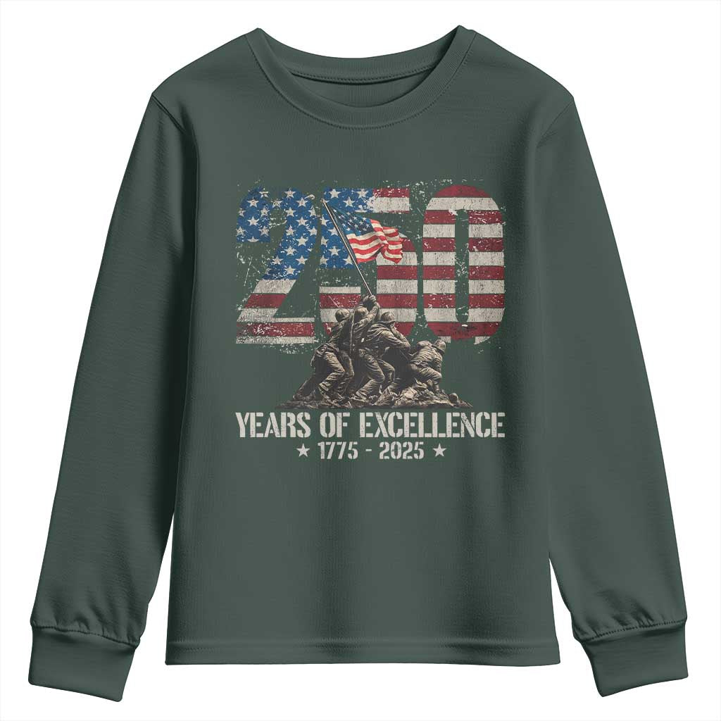 250 Years Of Excellence Youth Sweatshirt 250th US Military Birthday Iwo Jima TS11 Dark Forest Green Print Your Wear