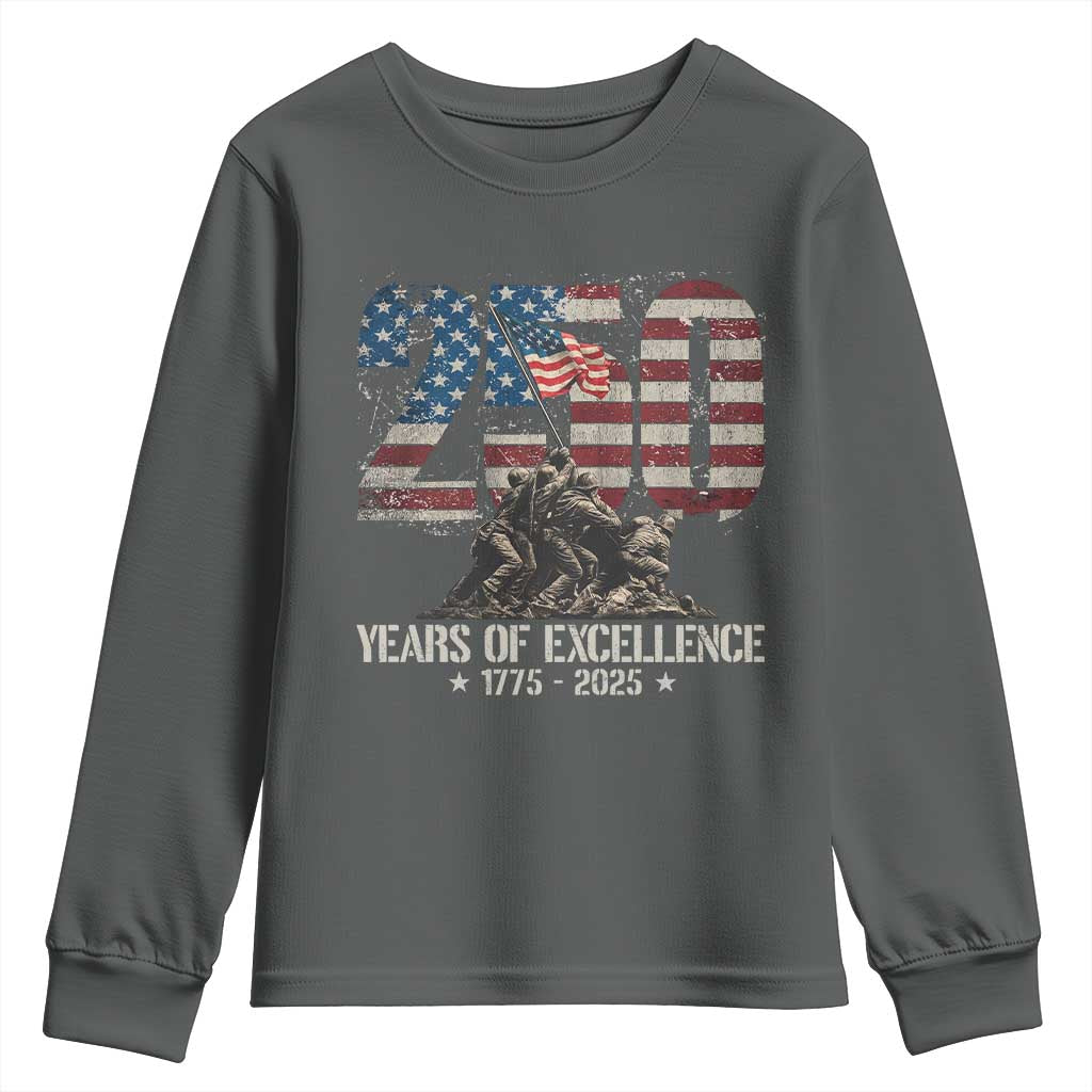 250 Years Of Excellence Youth Sweatshirt 250th US Military Birthday Iwo Jima TS11 Dark Heather Print Your Wear