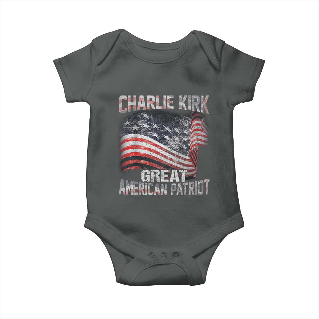 Charlie Kirk Baby Onesie Great American Patriot American Flag TS11 Dark Heather Print Your Wear