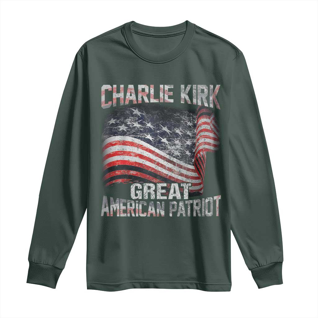 Charlie Kirk Long Sleeve Shirt Great American Patriot American Flag TS11 Dark Forest Green Print Your Wear