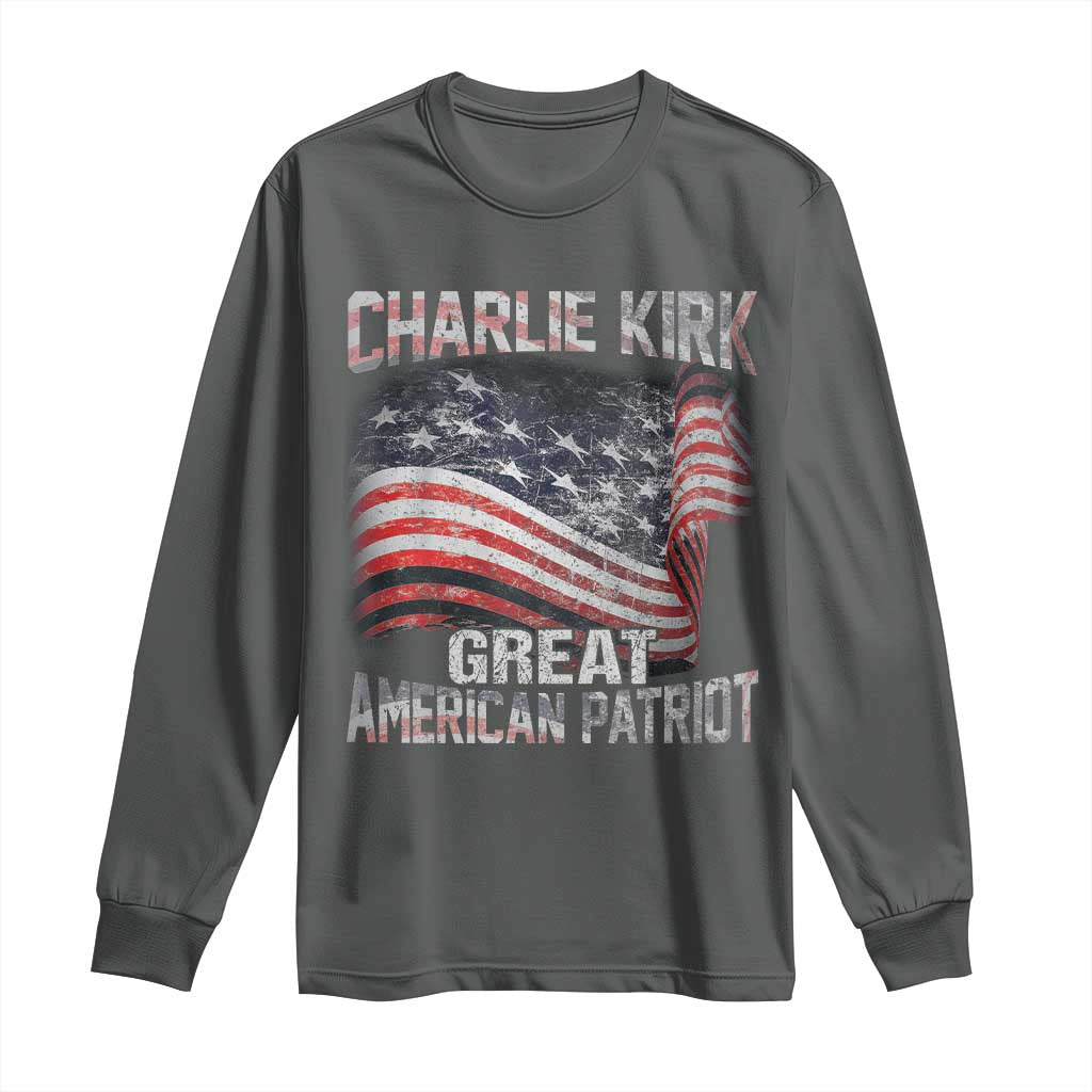 Charlie Kirk Long Sleeve Shirt Great American Patriot American Flag TS11 Dark Heather Print Your Wear