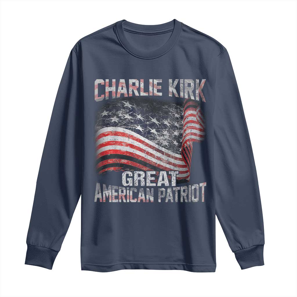 Charlie Kirk Long Sleeve Shirt Great American Patriot American Flag TS11 Navy Print Your Wear