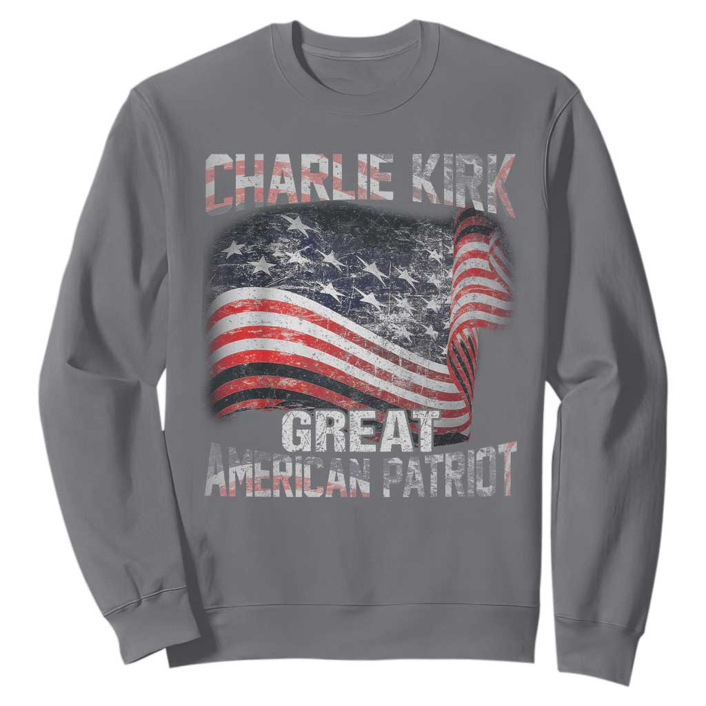 Charlie Kirk Sweatshirt Great American Patriot American Flag TS11 Charcoal Print Your Wear